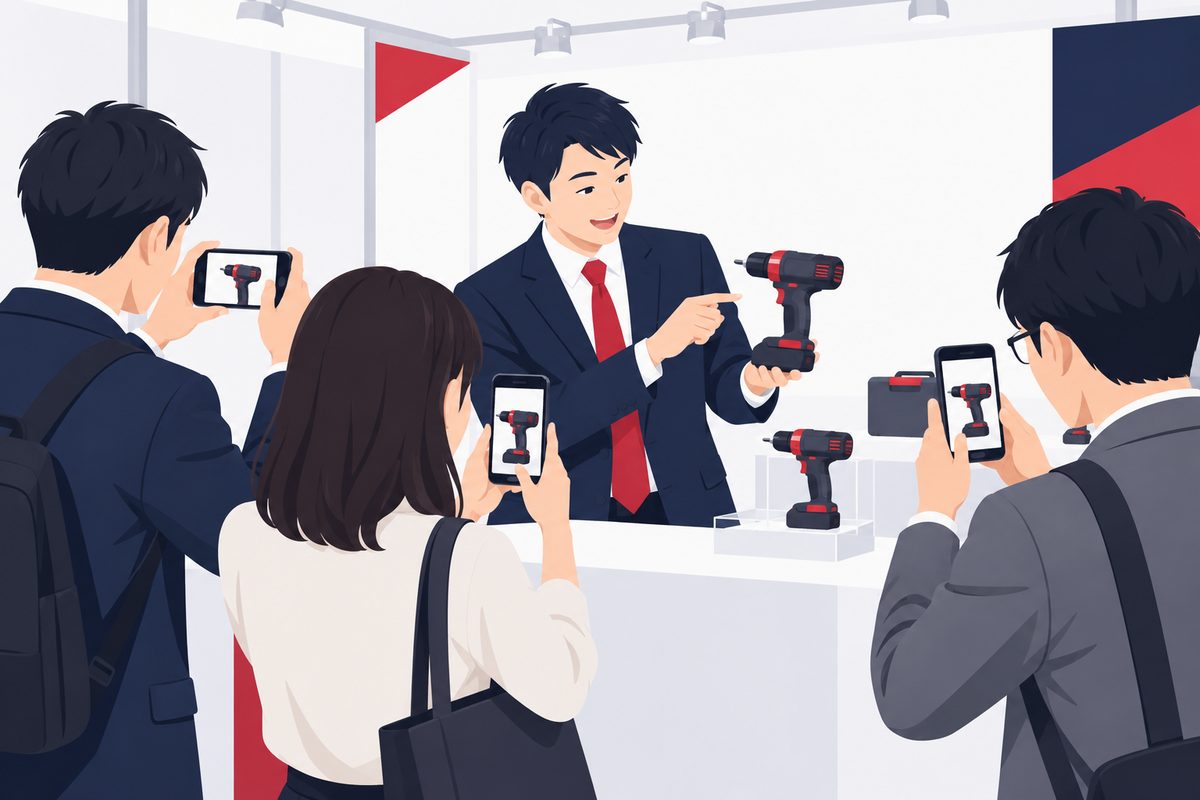 展示会のブースで試作品を披露する開発者と、それをスマートフォンで撮影する来場者