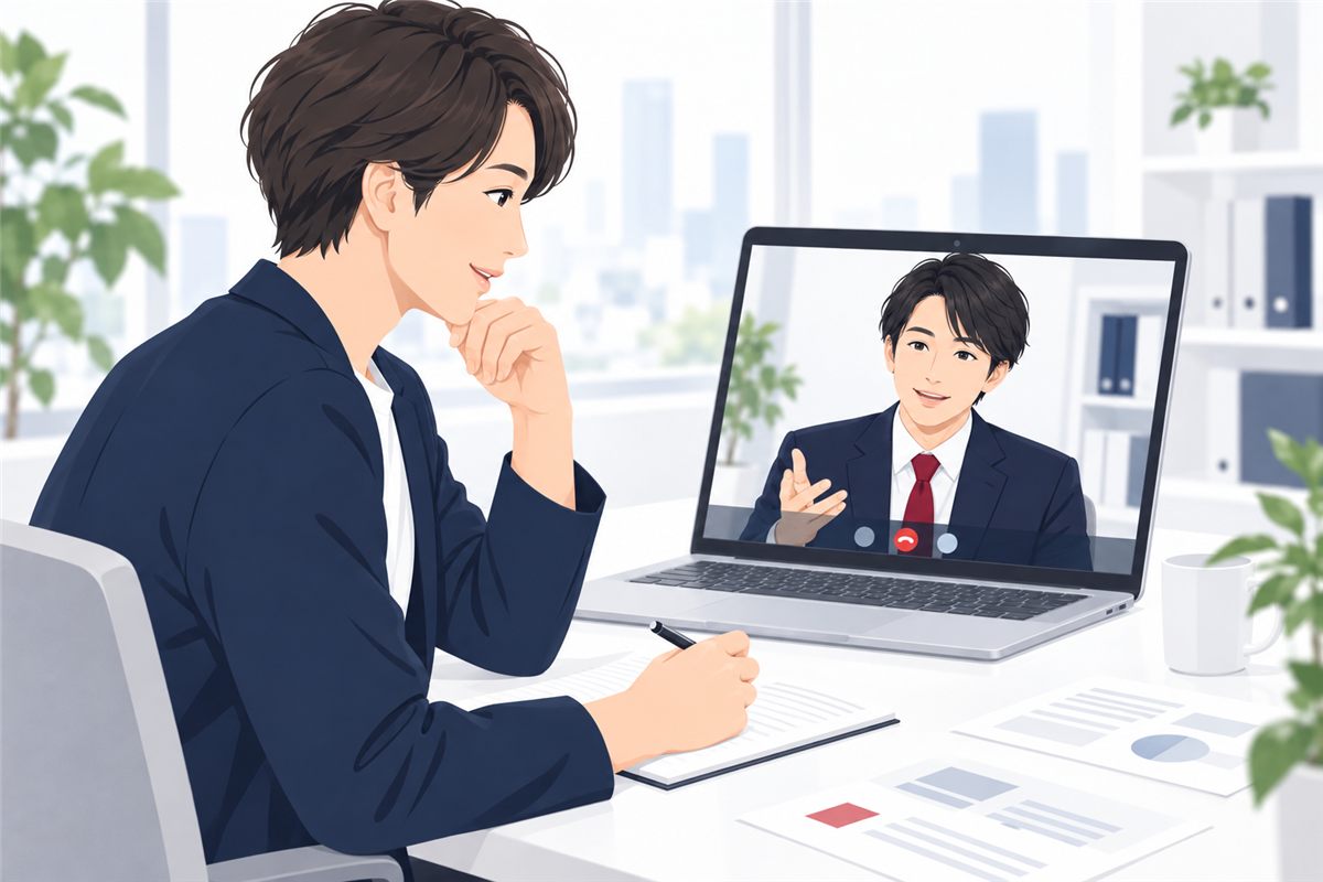 ノートPCで弁理士とオンライン打合せをする経営者