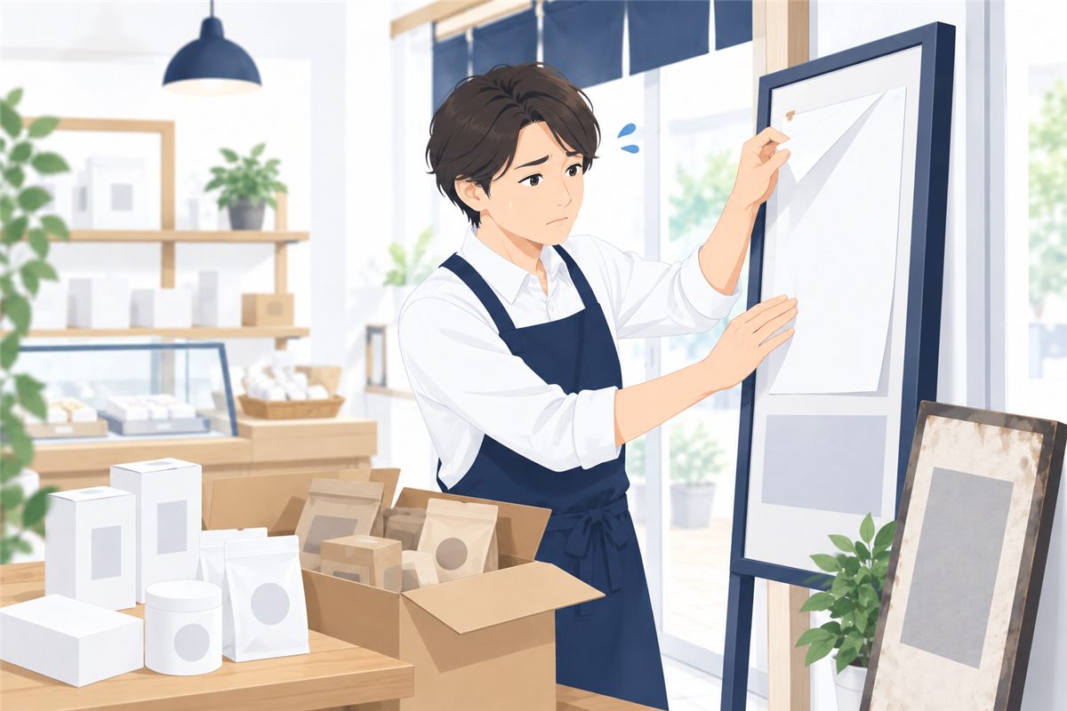 店頭の看板とパッケージを新しい名前に貼り替えている店主